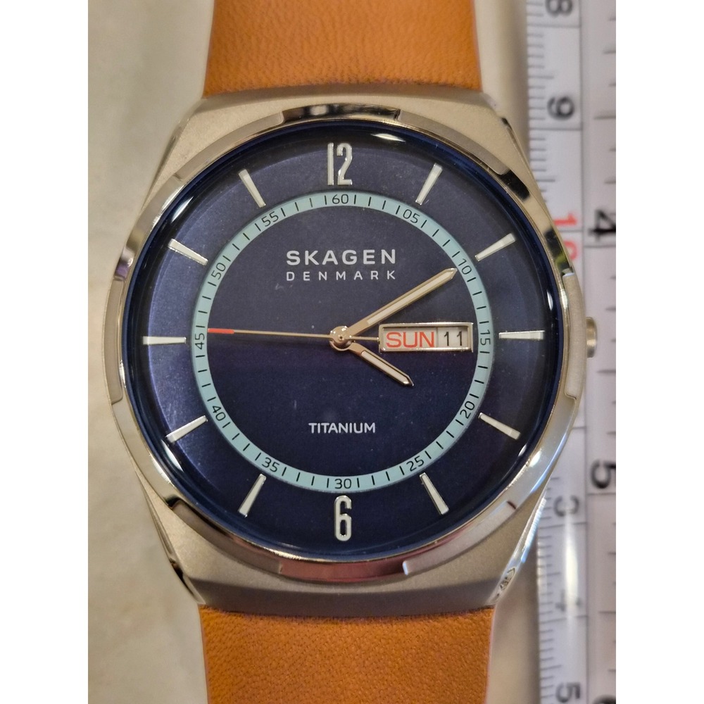 Skagen Melbye Mens Titanium Watch Blue Dial Brown Leather Strap SKW6906‎ New - Picture 4 of 9